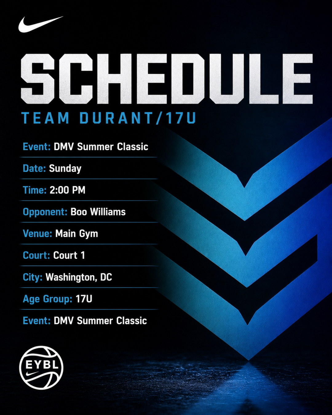 Team Durant schedule